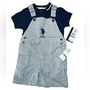 US Polo Assn Baby Boy White and Blue Striped Overall with Navy polo tshirt NWT